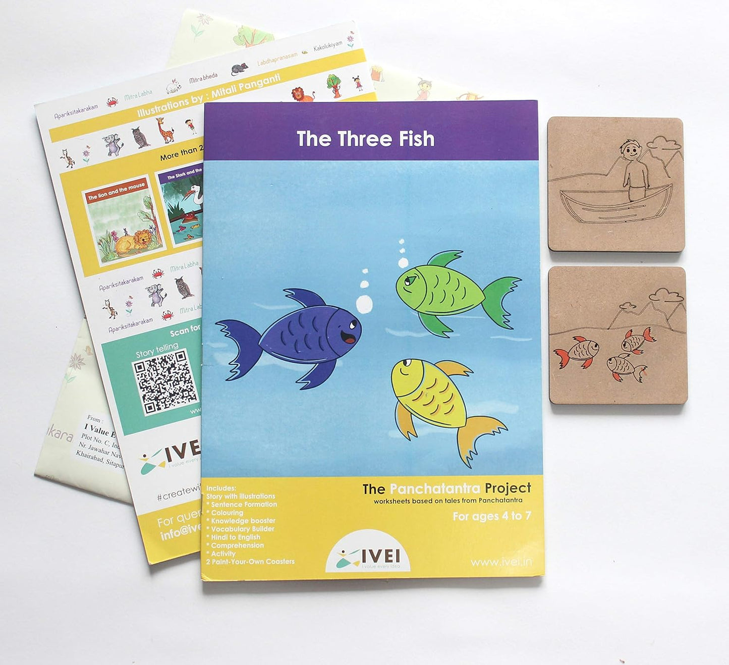 IVEI Panchatantra Kids Learning Book - Workbook and DIY coasters of Panchatantra Story - Colouring Activity Worksheets - Creative Fun Activity and Education For Kids - The Three Fish ( Age 4 to 7 Years )