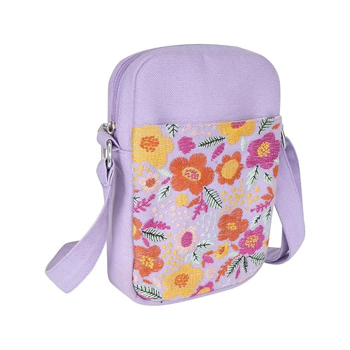 SKAPADORO Canvas Mobile Cross Body Sling Bag for Girls Women,100% Cotton, Embroidery, Zip Closure, Pocket, Adjustable Strap, Compact Everyday Bag - Flowers (Lilac)