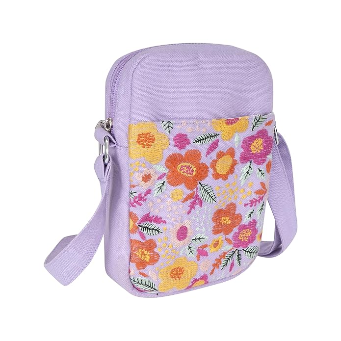 SKAPADORO Canvas Mobile Cross Body Sling Bag for Girls Women,100% Cotton, Embroidery, Zip Closure, Pocket, Adjustable Strap, Compact Everyday Bag - Flowers (Lilac)