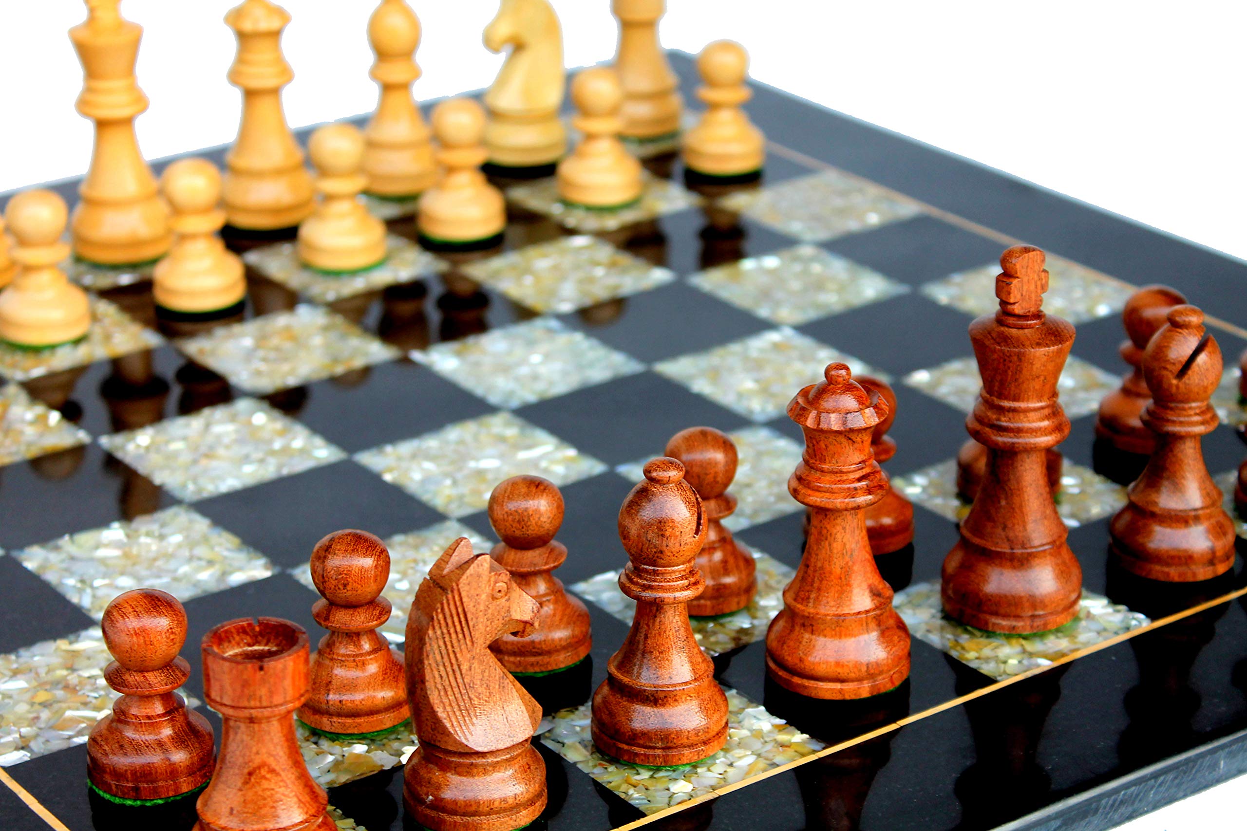 StonKraft Collectible Black Marble and (MOP) Mother of Pearl Chess Board Set with Wooden Chess Pieces (2 Extra Queens) - Home DŽcor - 21" Inches