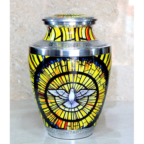 eSplanade Metal Cremation Urn Memorial Jar Pot Container | Full Size Urn for Funeral Ashes Burial | White Pigeon Print | Yellow-Multi - 10