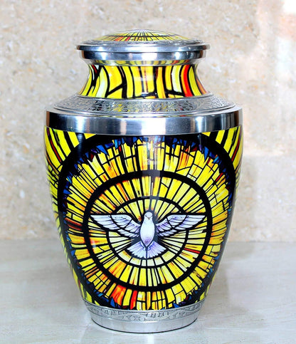 eSplanade Metal Cremation Urn Memorial Jar Pot Container | Full Size Urn for Funeral Ashes Burial | White Pigeon Print | Yellow-Multi - 10" Inches