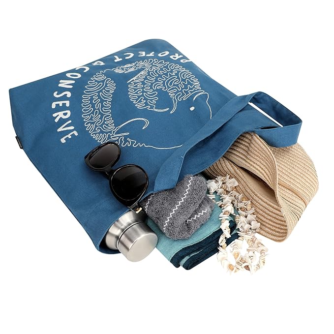 SKAPADORO Canvas Big Zip Handbag Tote,100% Cotton, Inner pocket, Unisex Embroidered Comfortable Bag for Travel Office Beach Shopping, Easy to Wash Trendy Everyday Shoulder Bag