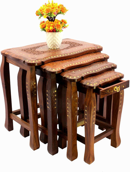 eSplanade Solid Wood Engraved Table Set Coffee Table for Living Room Drawing Room Dining Room - Set of 4 - Brown - 16.5" x 17.5" x 11.5"