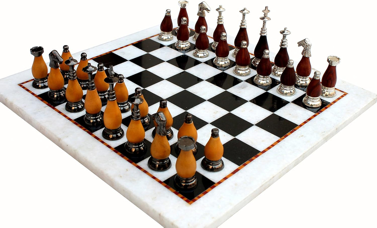 StonKraft Collectible Black & White Marble Chess Board Set + Brass Wooden Chess Pieces Pawns - Decorative Stone Chess - Home DŽcor - 15" Inches