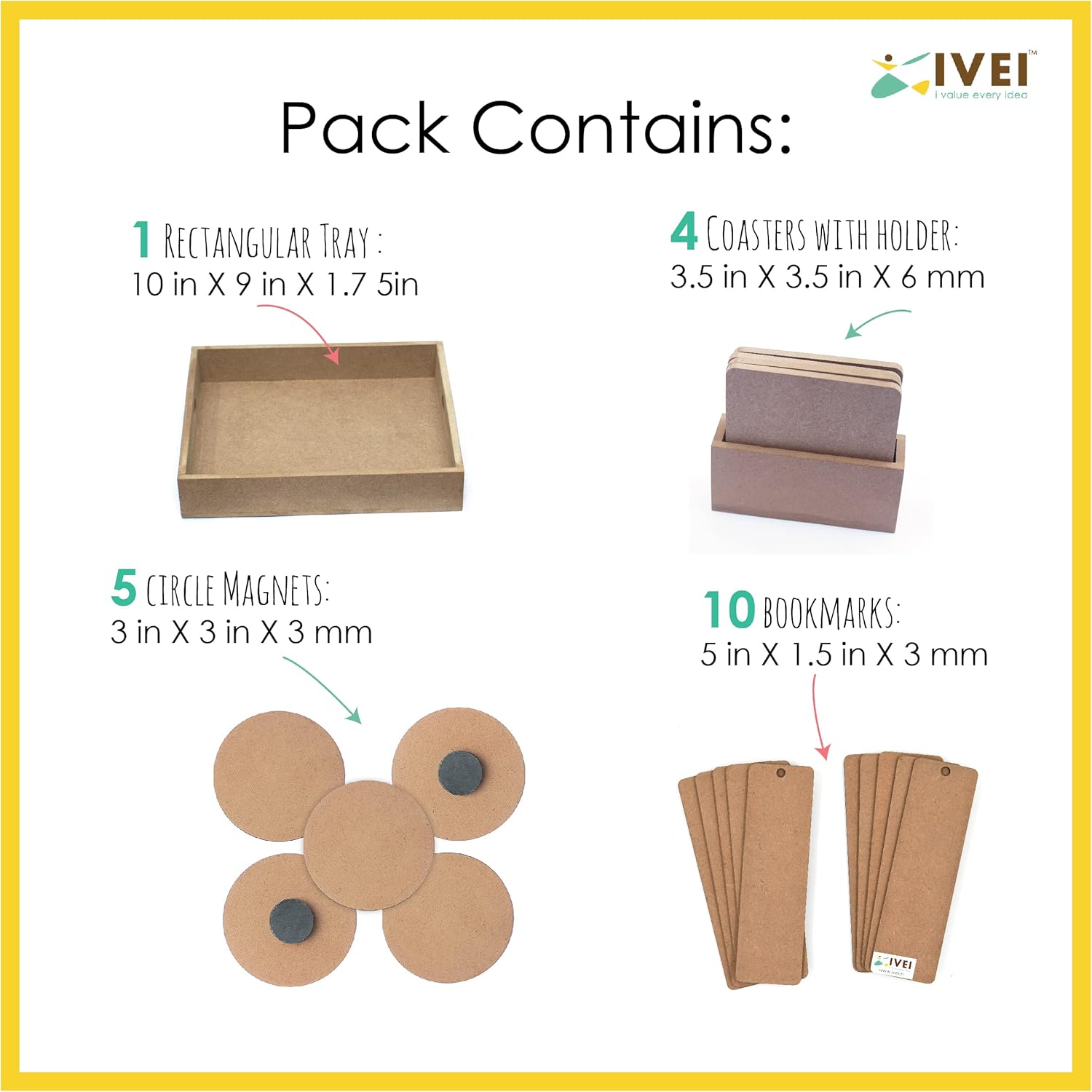 IVEI DIY MDF Rectangular Tray Pack with 4 Coaster with Stand, 10 Round Magnets and 10 Bookmarks