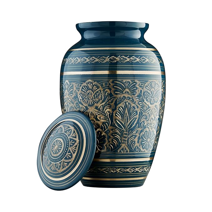 Esplanade Brass Urn for Ashes Adult Male Female – 9" Cremation Urn for Human Ashes, Full Size Large Urn, Geometric Floral Navy Blue Colour, Funeral Vase with Velvet Bag - for 65kg Adult