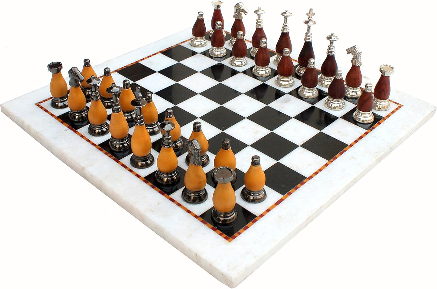 StonKraft Collectible Black & White Marble Chess Board Set + Brass Wooden Chess Pieces Pawns - Decorative Stone Chess - Home DŽcor - 15" Inches