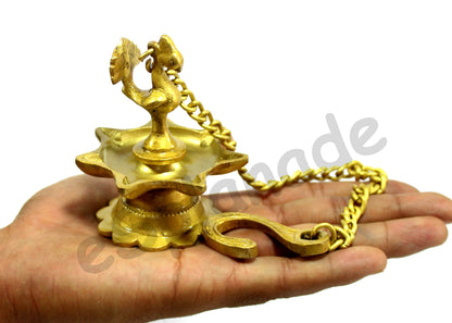 Esplanade Brass Peacock Wall Hanging Diya Oil Lamp with Chain - Set of 2 - 3.5" Inches (H) Small - Golden