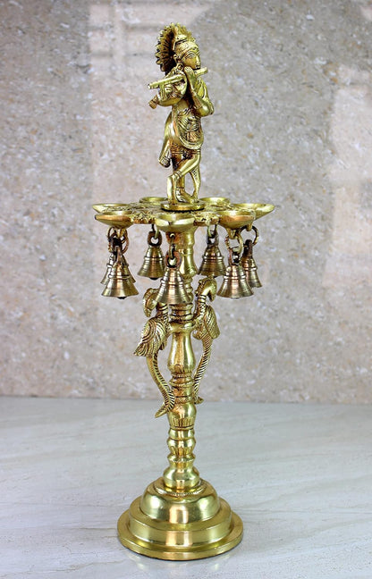 Brass Krishna Oil Lamp | Home Decor | Brass Diya Deepam Lamps | Kuthu Vilakku | Lamps for Home and Office - 16.5" Inches - Big Size