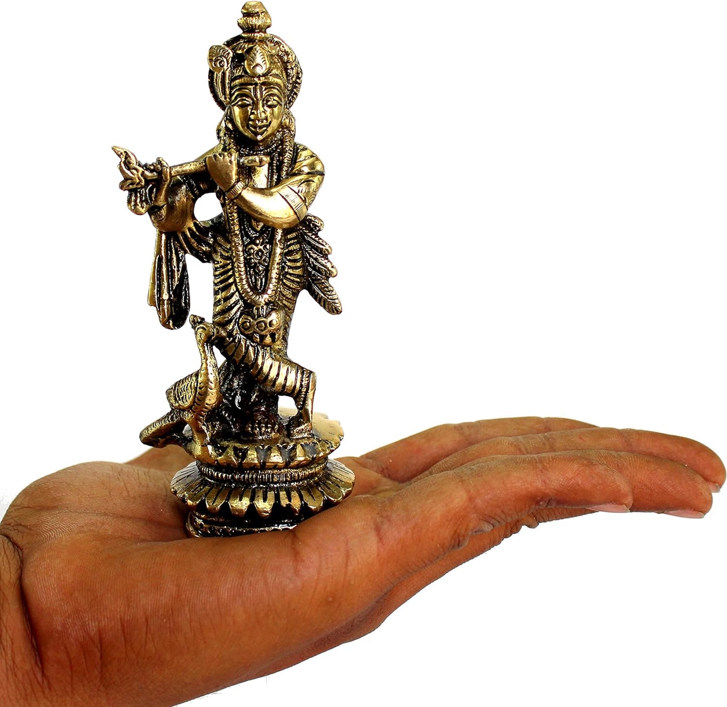 eSplanade - Brass Kishan Krishna with peacock Murti Idol Statue Sculpture for Pooja Mandir or Home Decor - 5" inches