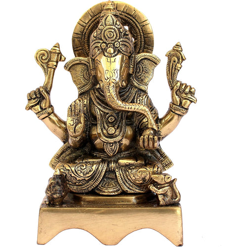 ESPLANADE Brass Chowki Ganesh Ganesha Ganpati Vinayak Showpiece Murti Idol Statue Sculpture - Golden -7.75