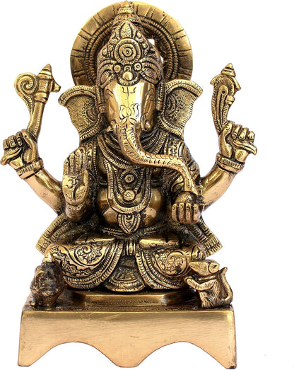 ESPLANADE Brass Chowki Ganesh Ganesha Ganpati Vinayak Showpiece Murti Idol Statue Sculpture - Golden -7.75" Inches