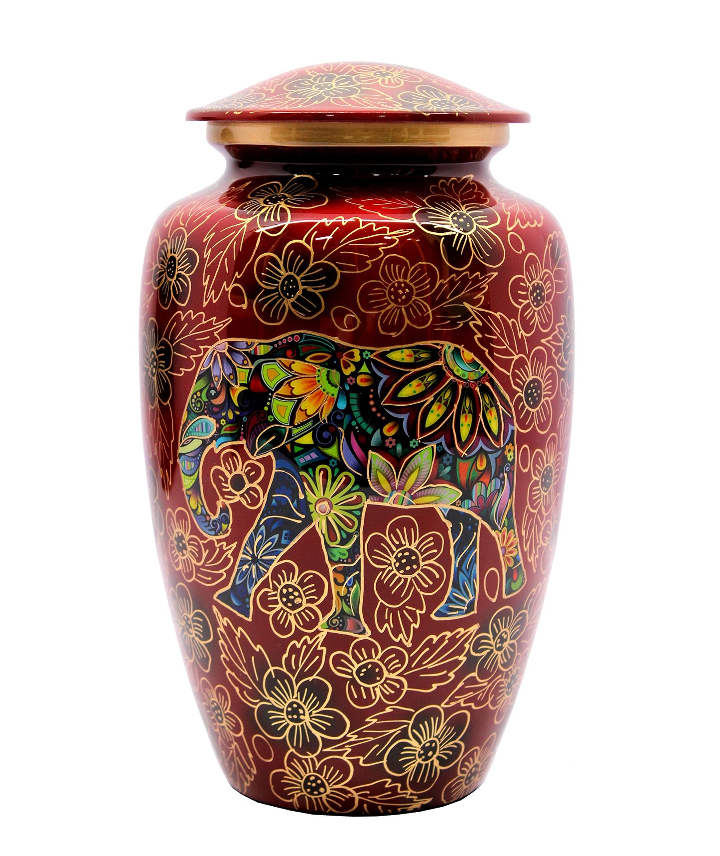 eSplanade Metal Cremation Urn Memorial Jar Pot Container | Full Size Urn for Funeral Ashes Burial | Elephant and Flowers Printed Metal Urn | Blue-Multi - 10" Inches