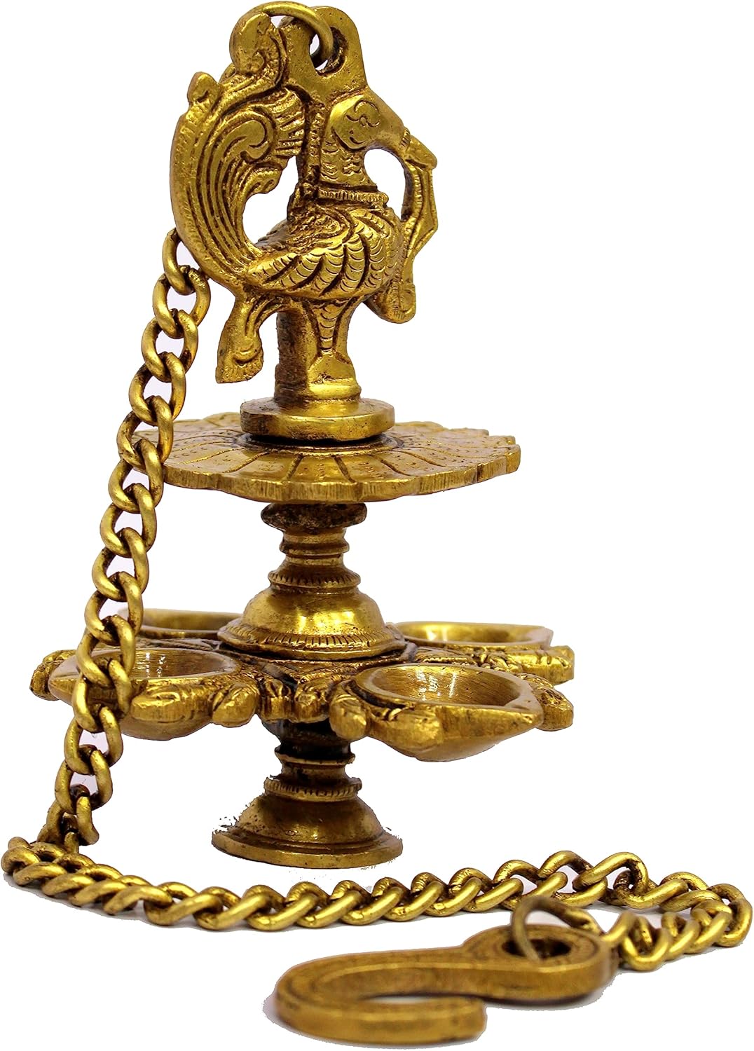 eSplanade Brass Peacock Design 4 Oil Wick Diya Deepam Kuthu Vilakku Oil Lamp for Temple Home | Pooja Articles - Home Decor | Golden - 6" Inches