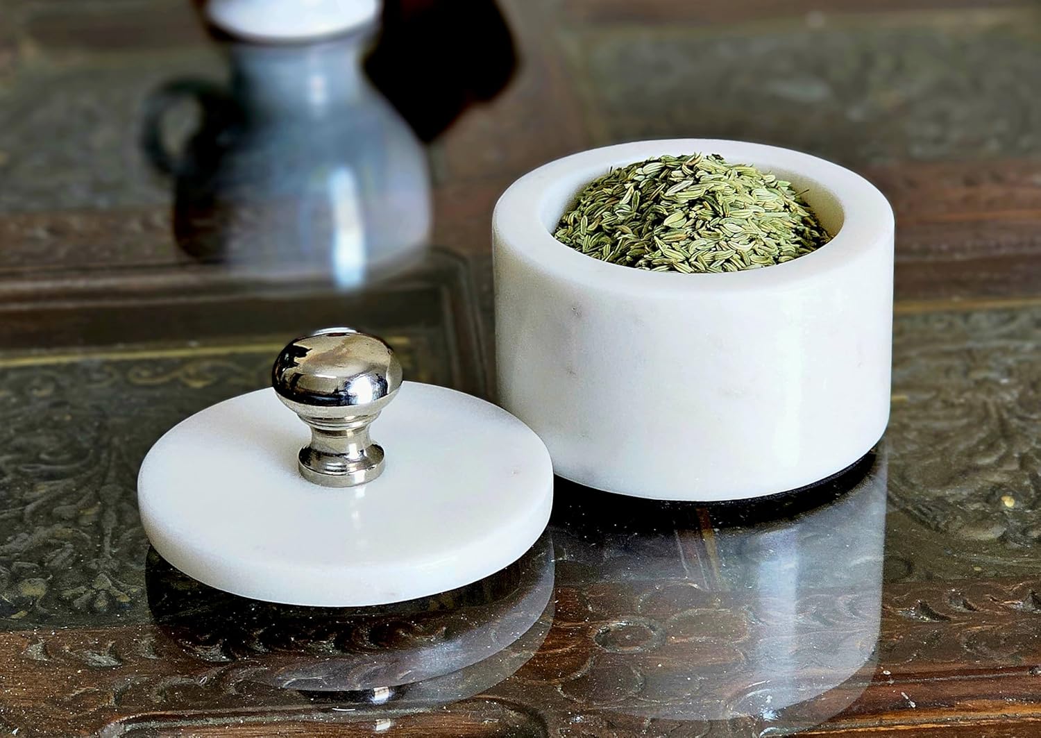 KLEO Marble Salt and Spice Holder with Lid | Small Container (2x3in) | Stone Salt Box/Canister for Kitchen and Dining | Saunf Holder (white)