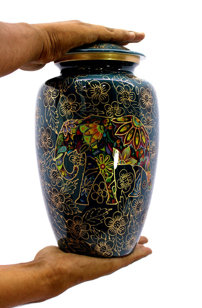 eSplanade Metal Cremation Urn Memorial Jar Pot Container | Full Size Urn for Funeral Ashes Burial | Elephant and Flowers Printed Metal Urn | Blue-Multi - 10" Inches