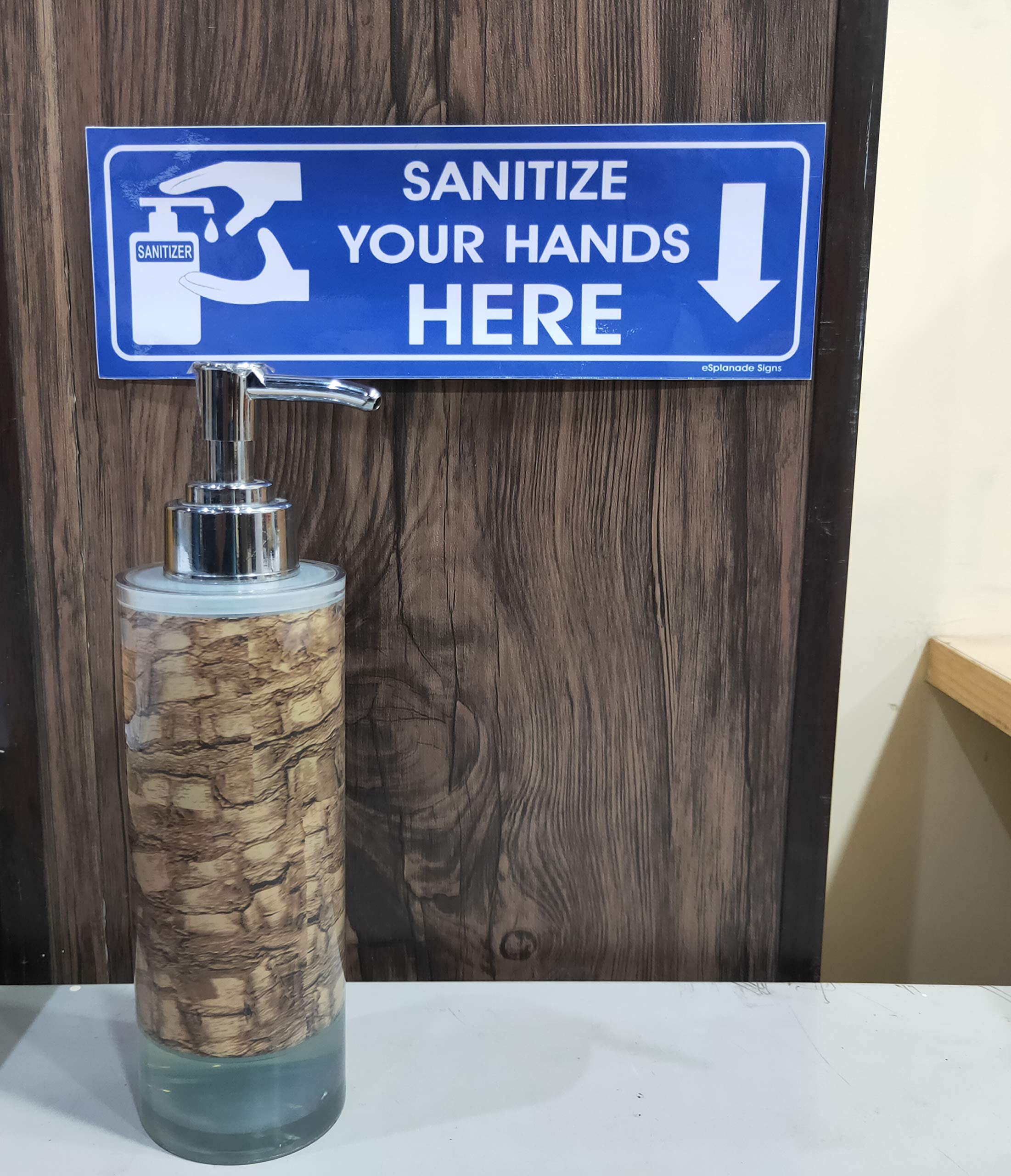 eSplanade Sanitize Your Hands Here Sign Sticker Decal - Easy to Mount Weather Resistant Long Lasting Ink Size (9" x 3")