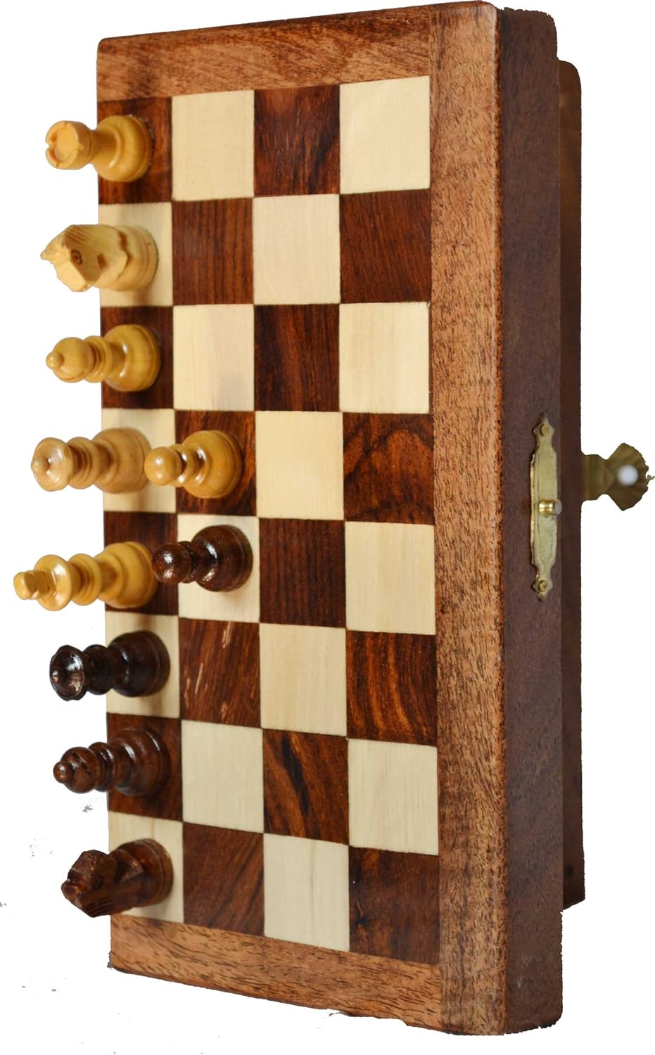 Handmade Wooden Rosewood Foldable Magnetic Chess Game Board with Storage Slots, 7 Inch