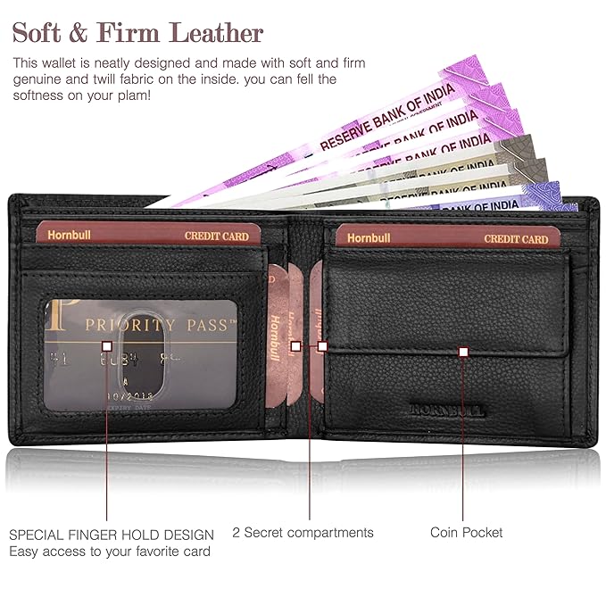 HORNBULL Men's Stylist Black Genuine Leather Wallet with RFID Protection | Branded Gift Wallet for Men