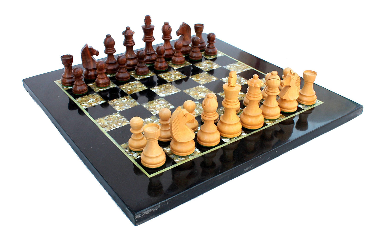 StonKraft Collectible Black Marble and (MOP) Mother of Pearl Chess Board Set + Wooden Chess Pieces - Decorative Stone Chess - Home DŽcor - 15" Inches