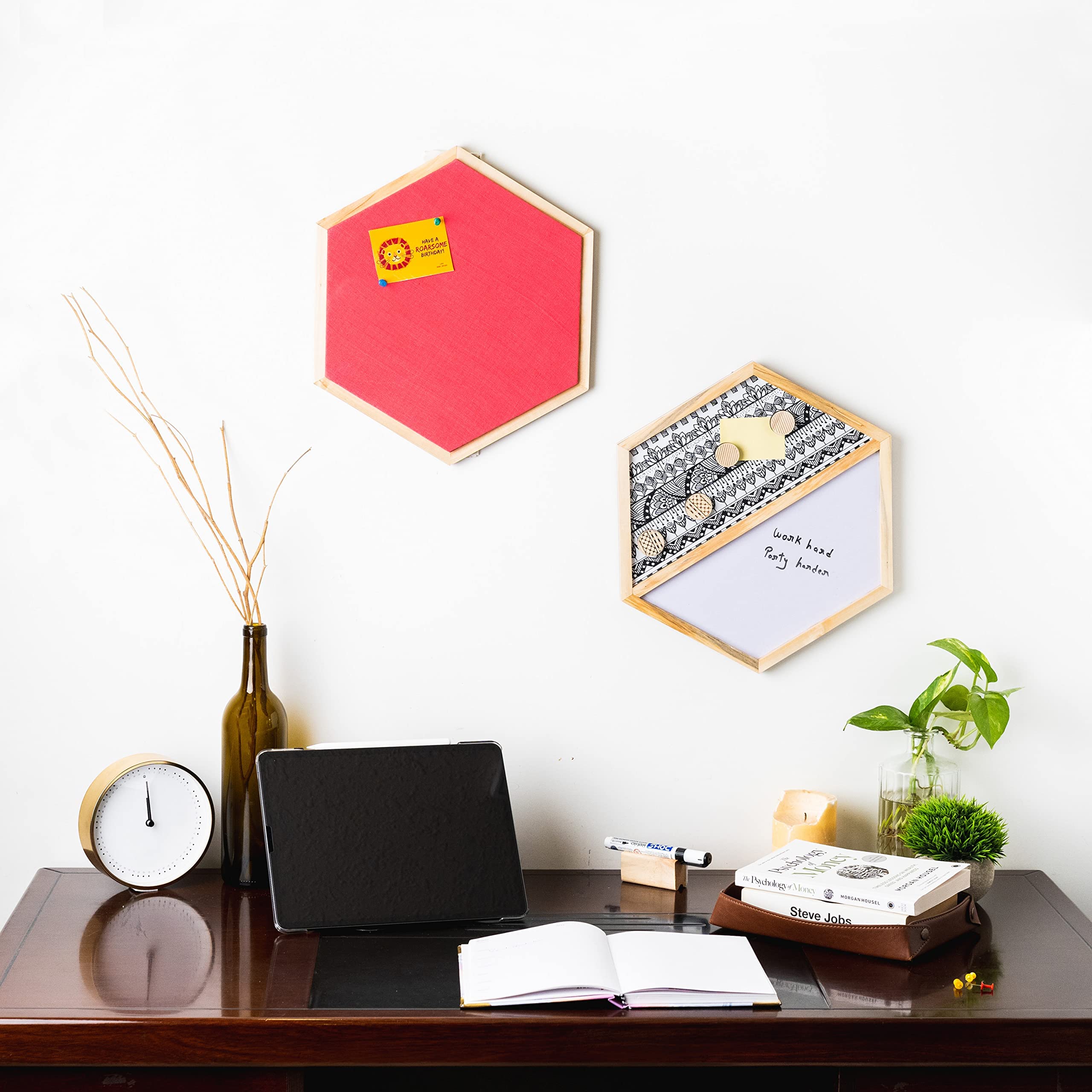 IVEI Hexagon Shaped Combination Board with Magnet Board, Pin Board & Whiteboard - Set of 2 - Innovative Organizer for Kids and Adults with Magnets to Do Boards Gift for Home, Office- Dark blue, Grey, Pink, Yellow