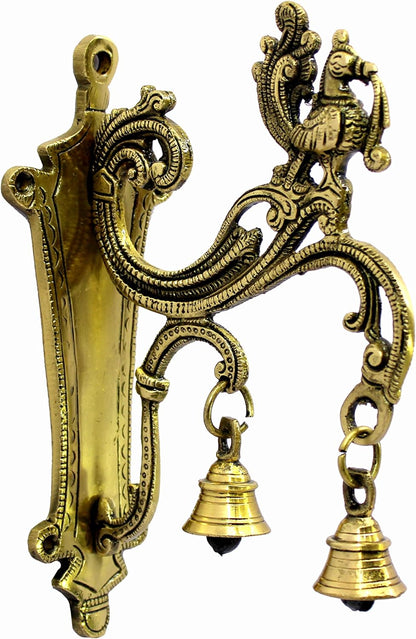 eSplanade Brass Wall Bracket Wall Hanger for Hanging Diya Lamp | Wall Decor | Peacock with Bells - 8.5" Inches