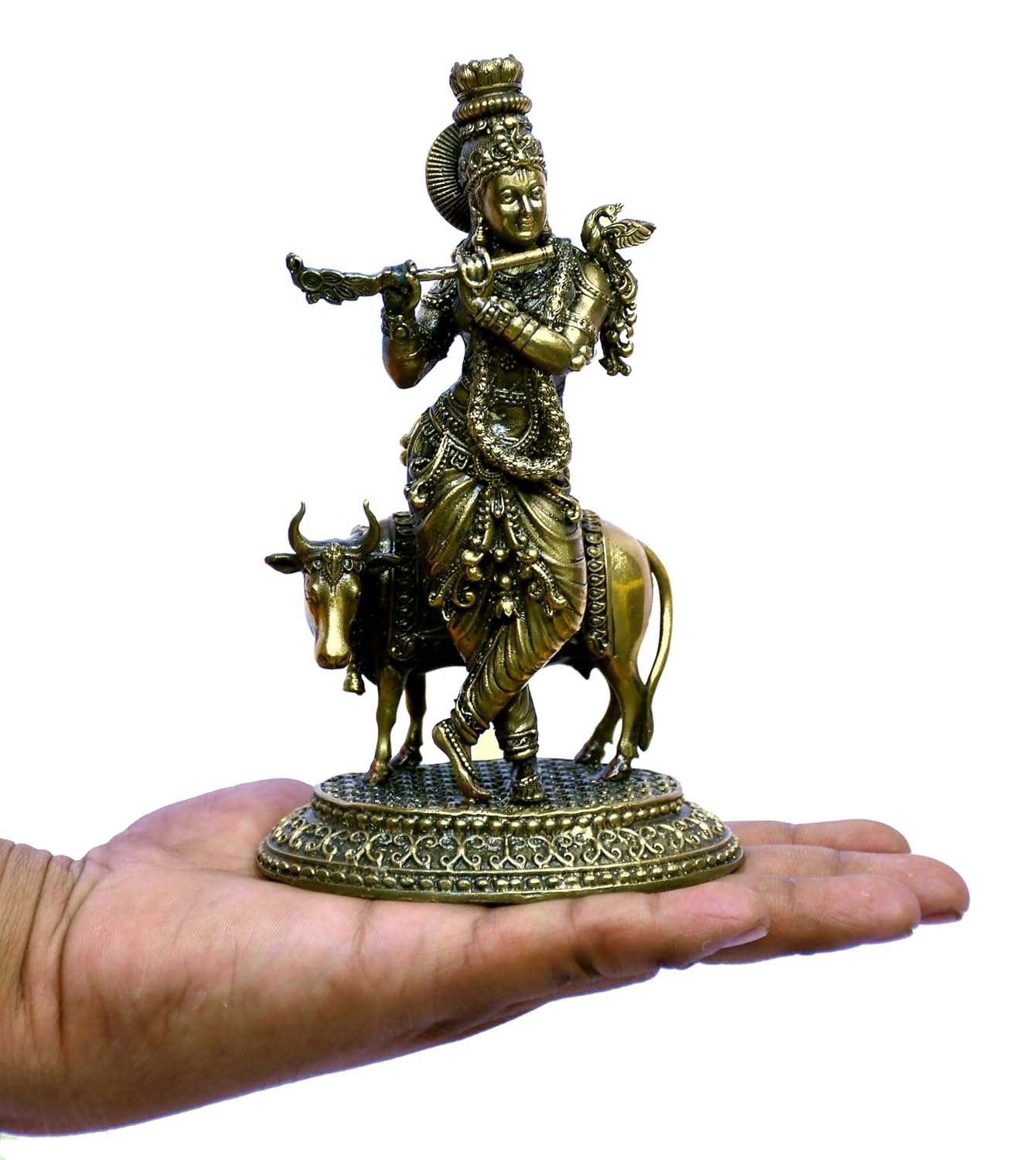 ESPLANADE Brass Krishna Statue, Krishan with Cow Murti, Kishan Krishna Idol Small, Hindu God Idols for Pooja Room, Mandir Decoration, Home Decoration Items for Living Room, Golden