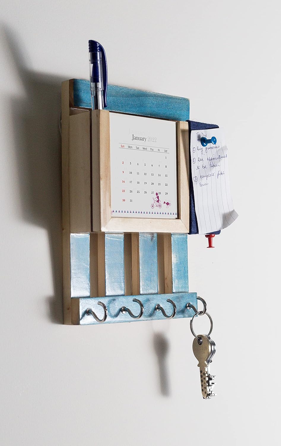 ESPLANADE Warli Wooden Multi Utility Key Hooks with 2025 Paper Calendar, Letter Holder & Mini Blue Colour Pin Board - Unique Wall Hanging Key Stand - Calendar with Key Holder for Office, School, Home