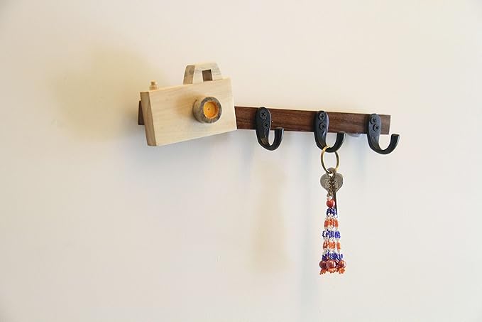 ESPLANADE Key Holder for Wall - Stylish Wooden Hook Holder for Clothes & Bags - Key/Cloth Organizer Hooks - Wall Mounted Unique Key Holder for Home Décor/Office Décor with Handcrafted Camera