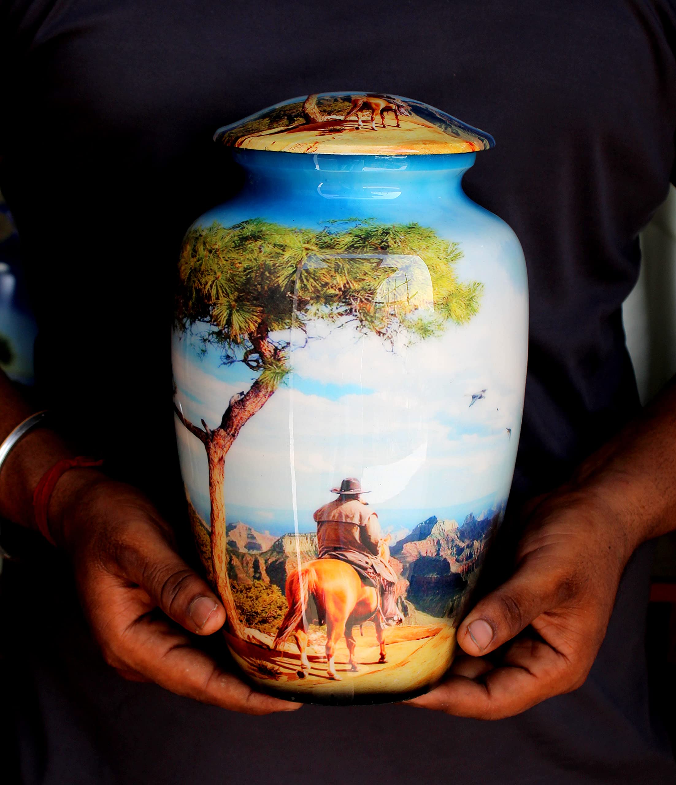 eSplanade Metal Cremation Urn Memorial Jar Pot Container | Full Size Printed Urn for Funeral Ashes Burial | Metal Urns | (Multicolor) - 10" Inches