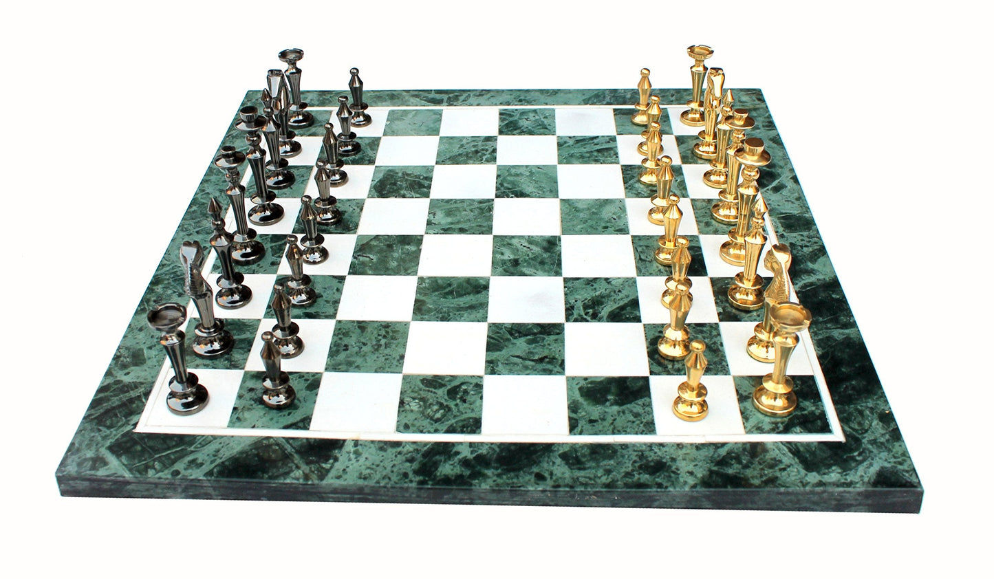 StonKraft Collectible Green Marble Chess Game Board Set + Brass Crafted Pieces - Decorative Stone Chess - Home DŽcor - 15" Inches