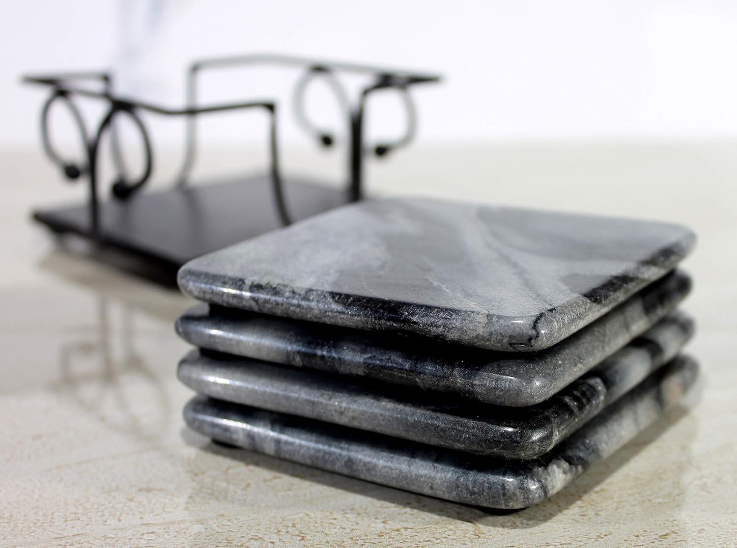 KLEO Sand Stone Tea Coffee Coasters Coaster Set Coasters with Wrought Iron Holder (Square) (Sand Colour)