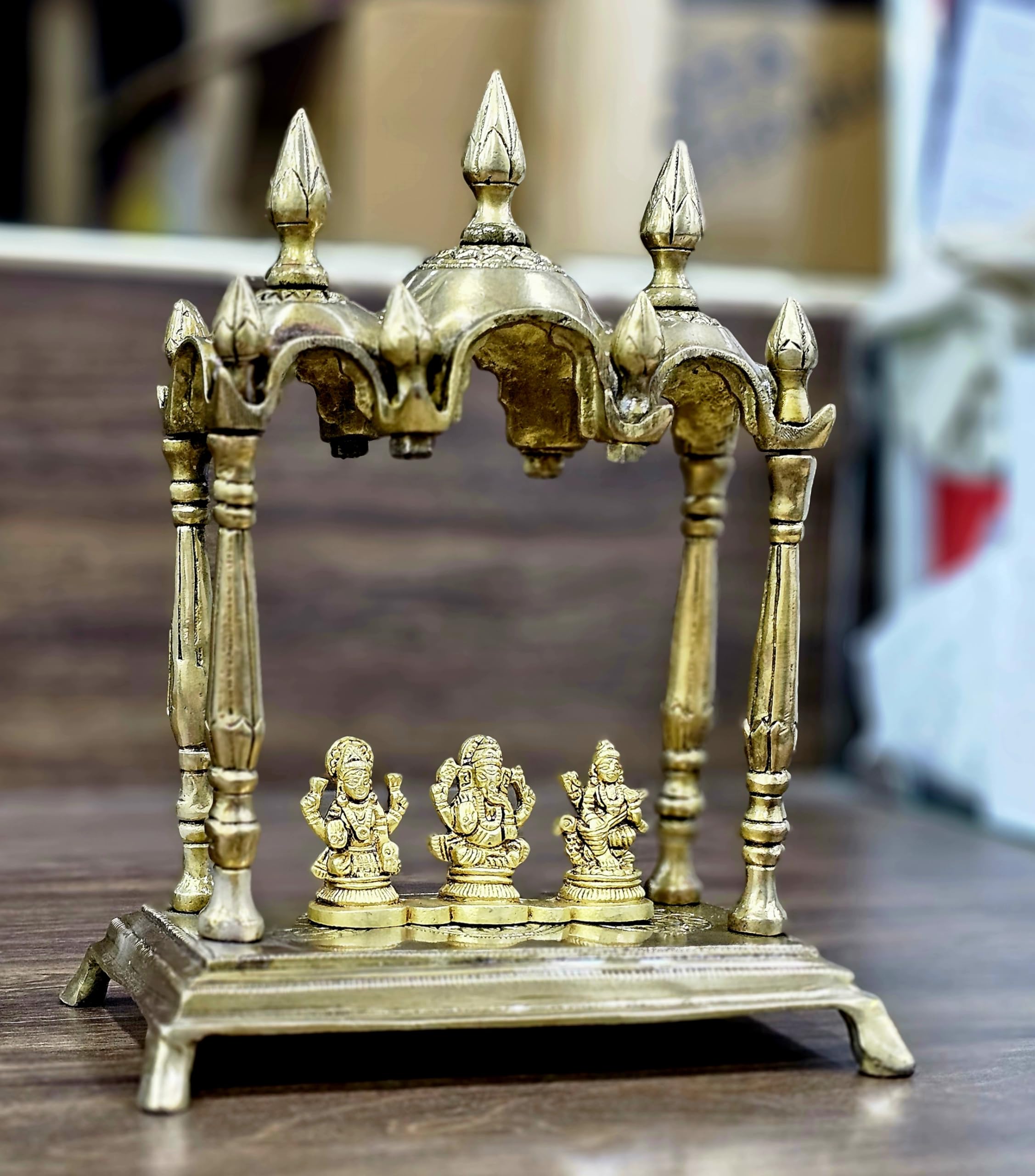 ESPLANADE - Brass 3 Domed Temple Mandir for Home - Puja Items - Home Decor - Golden