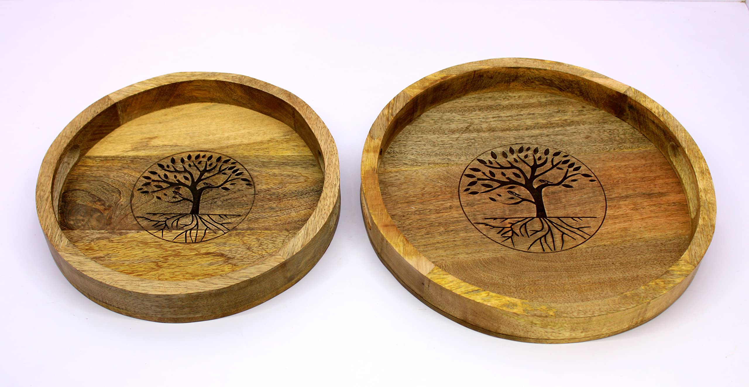 KLEO Wooden Engraved Round Shape Serving Trays - Set of 2 - Serveware Tableware - Brown - 14" Inches Dia.