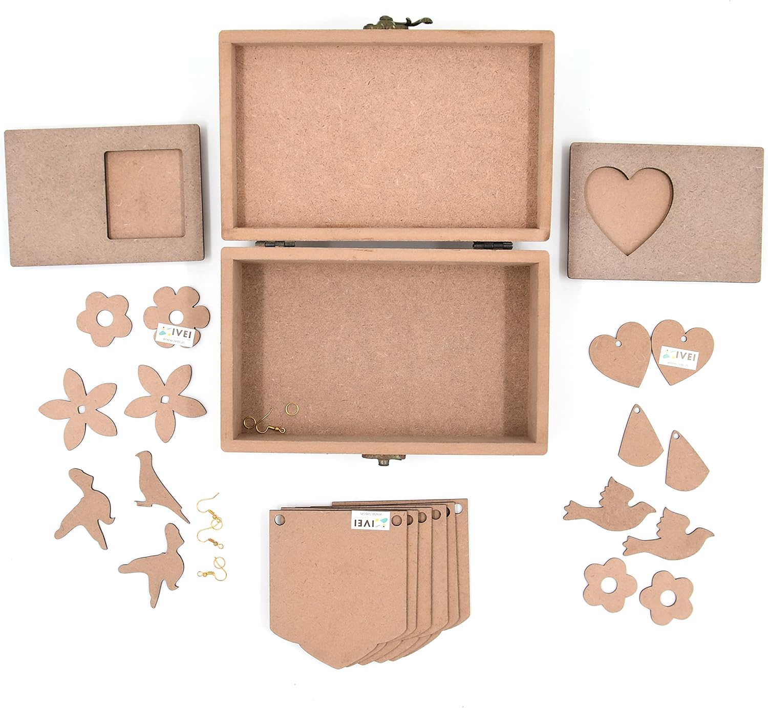 IVEI DIY MDF Box Pack with 2 Pair Earrings, Cut Outs, Toran and 2 Photo Magnet