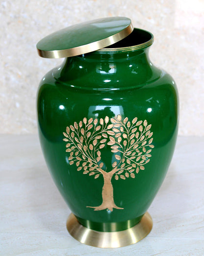 eSplanade Brass Cremation Urn Memorial Jar Pot Container | Full Size Urn for Funeral Ashes Burial | Tree Engraved Metal Urn | Green - 10" Inches