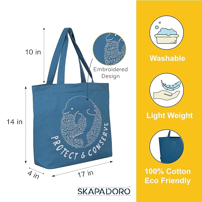 SKAPADORO Canvas Big Zip Handbag Tote,100% Cotton, Inner pocket, Unisex Embroidered Comfortable Bag for Travel Office Beach Shopping, Easy to Wash Trendy Everyday Shoulder Bag