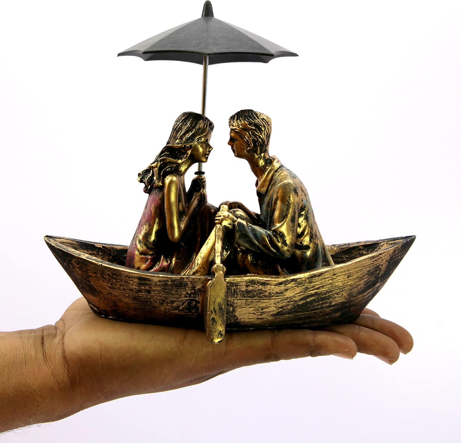 Esplanade Resin Love Couple with Umbrella on Boat Showpiece - Golden - 8.5" Inches (Length)