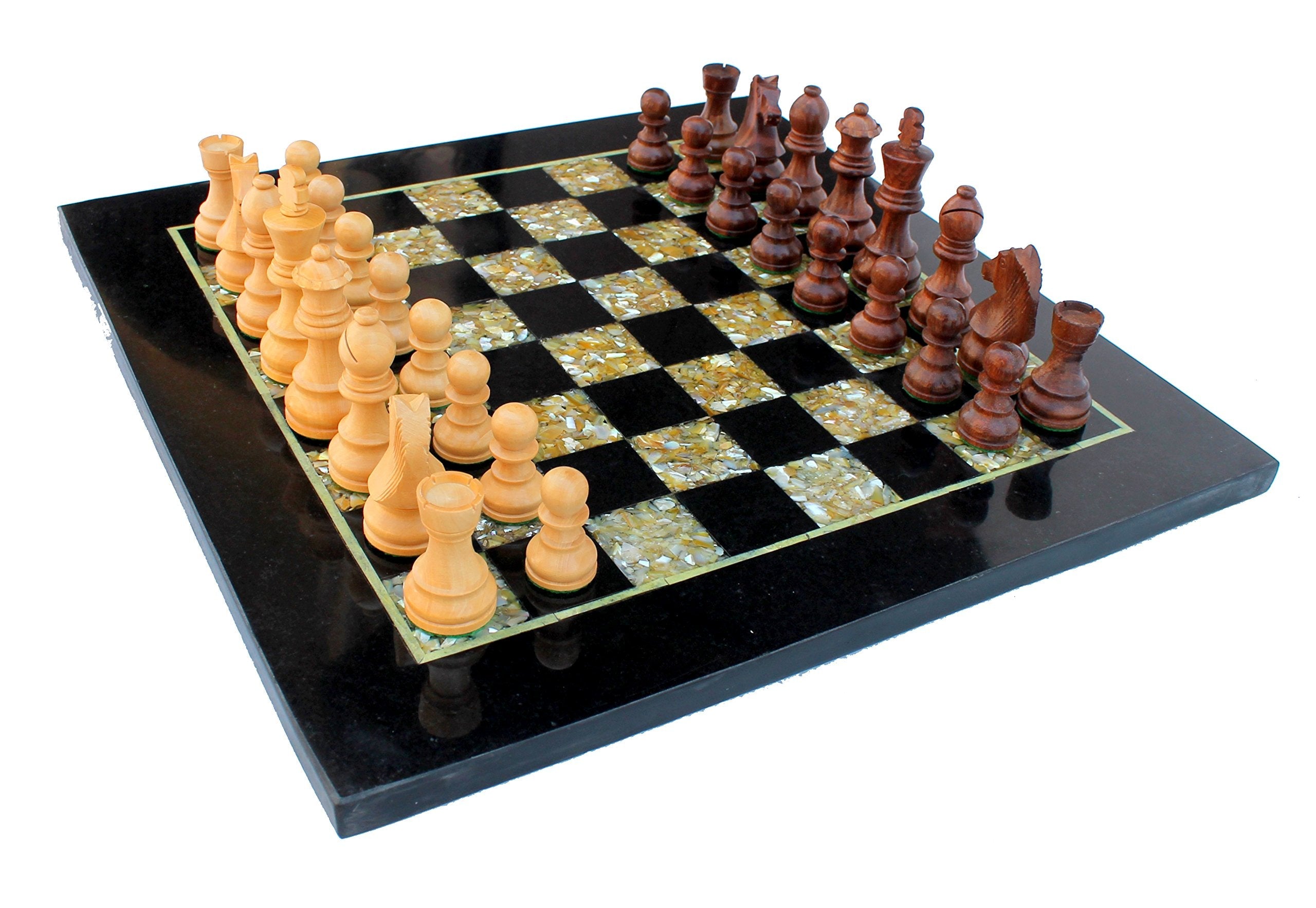 StonKraft Collectiblck e Black Marble & (MOP) Mother of Pearl Chess Board Set + Brass Chess Pieces - Decorative Stone Chess - Home Decor - 15" Inches