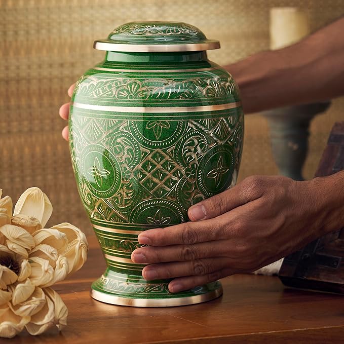 Esplanade Brass Urn for Ashes Adult Male Female – 10" Cremation Urn for Human Ashes, Full Size Large Urn, Engraved Geometric Floral Green Colour, Funeral Vase with Velvet Bag - for 80kg Adult