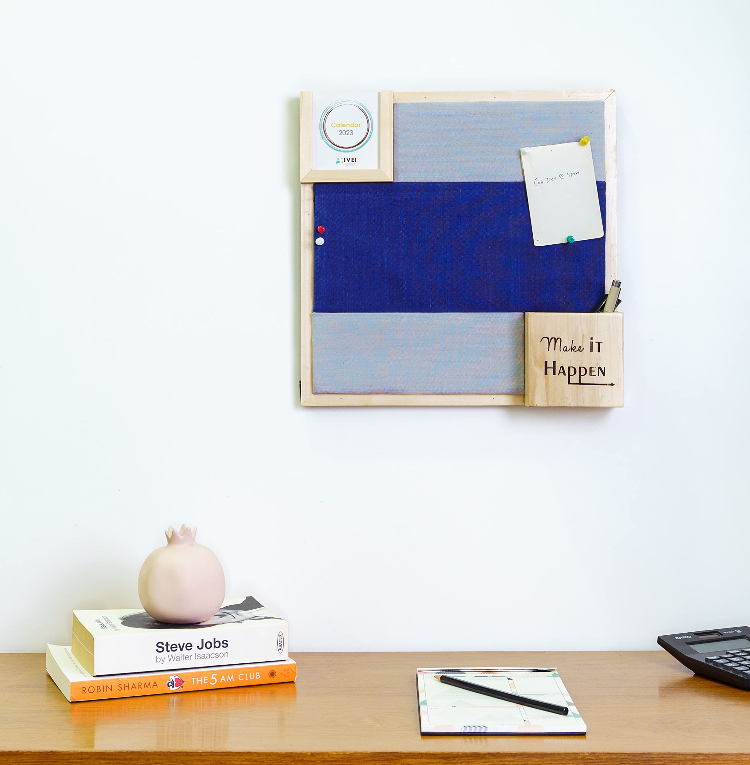 IVEI 2 Coloured Pin Board with Calendar and Pen Stand Engraved with Inspiring Words, Pin Board in 2 Colours to Organize Your Lists | Ideal for Home and Office