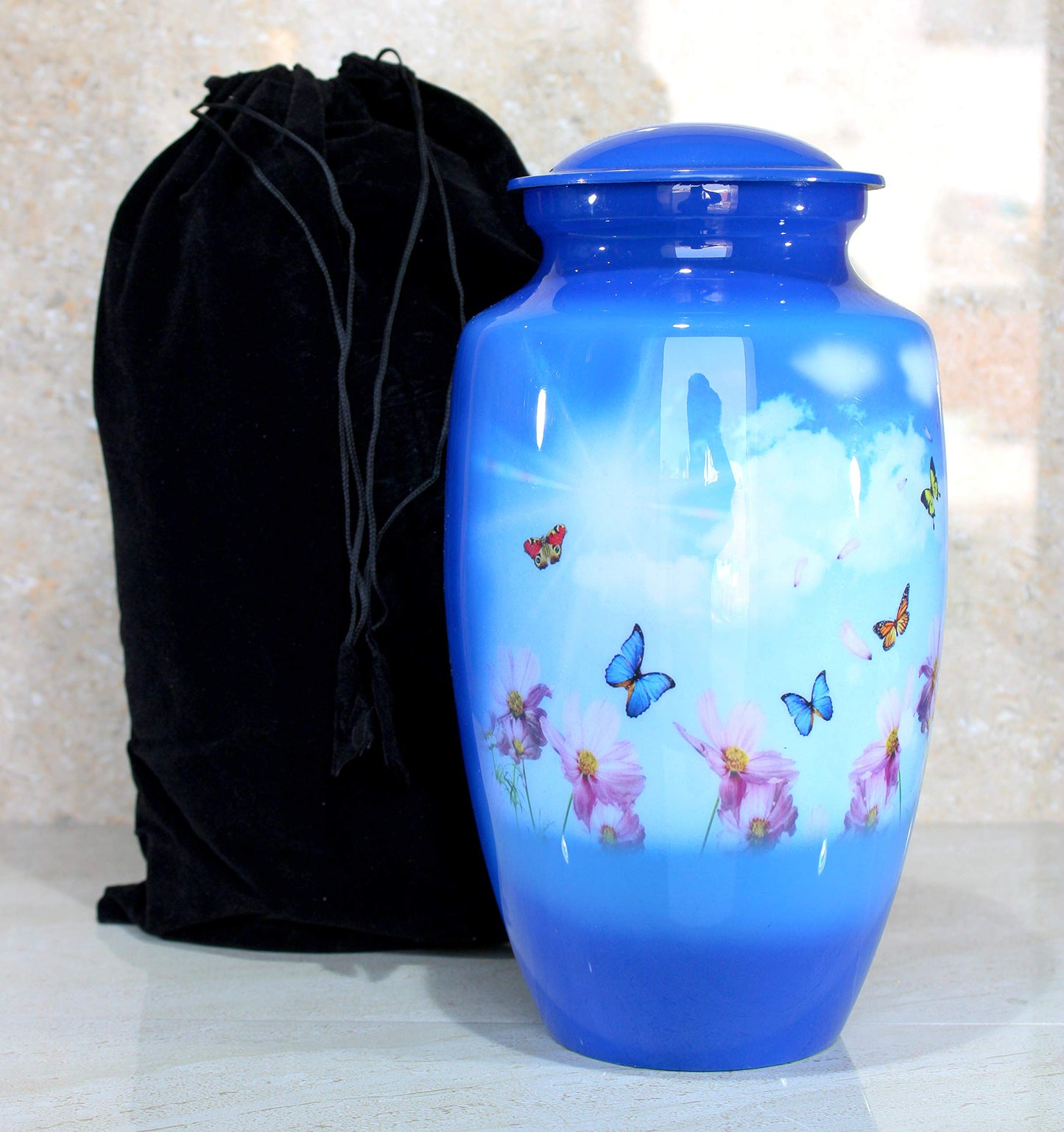 eSplanade Metal Cremation Urn Memorial Jar Pot Container | Full Size Urn for Funeral Ashes Burial | Colorful Butterflies Print | White - 10" Inches