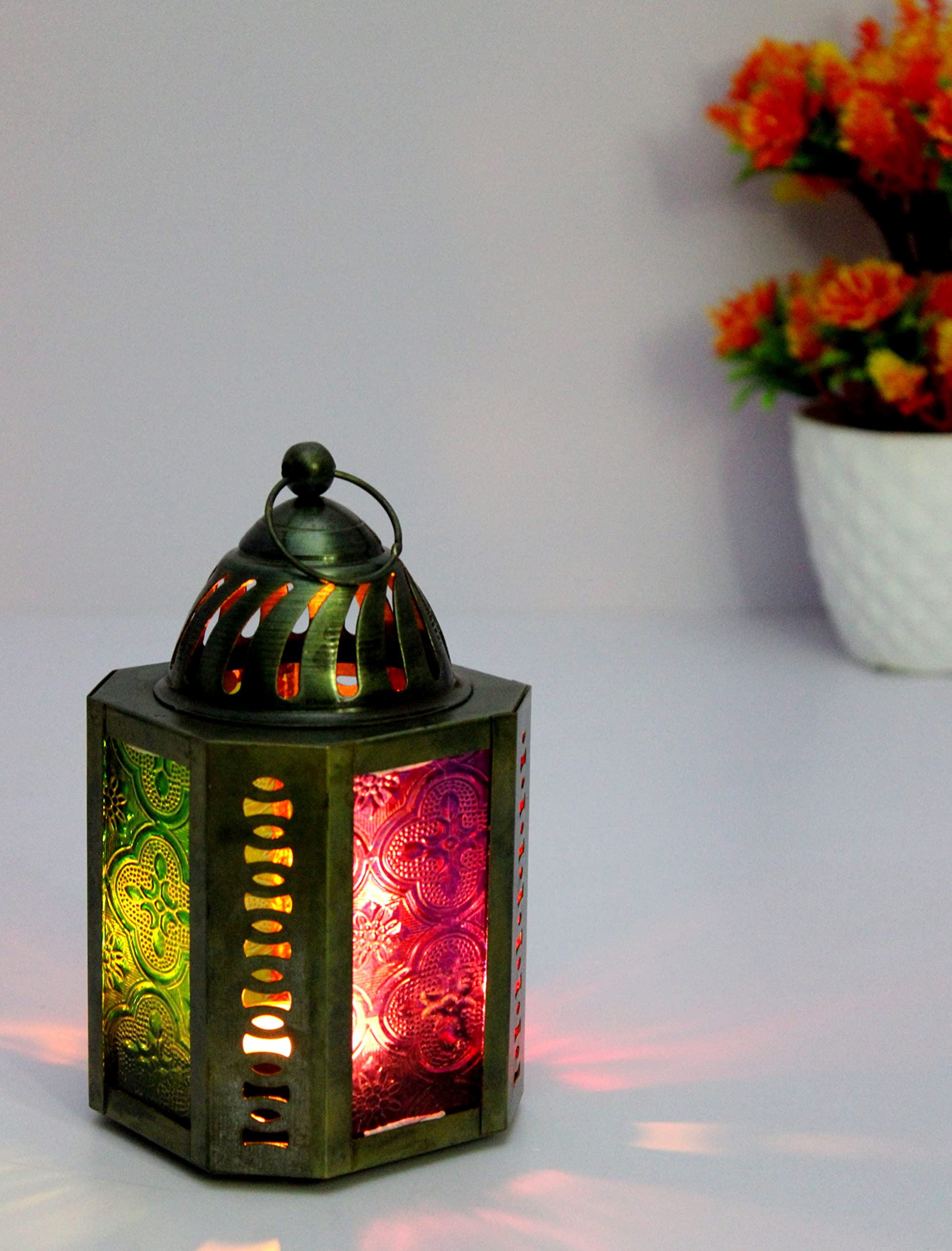 eSplanade Moroccan Lantern Metal Hanging Lamp with Glass Tealight Candle Holder - Set of 2-6" Inches - Golden (Golden & Multi- Black)