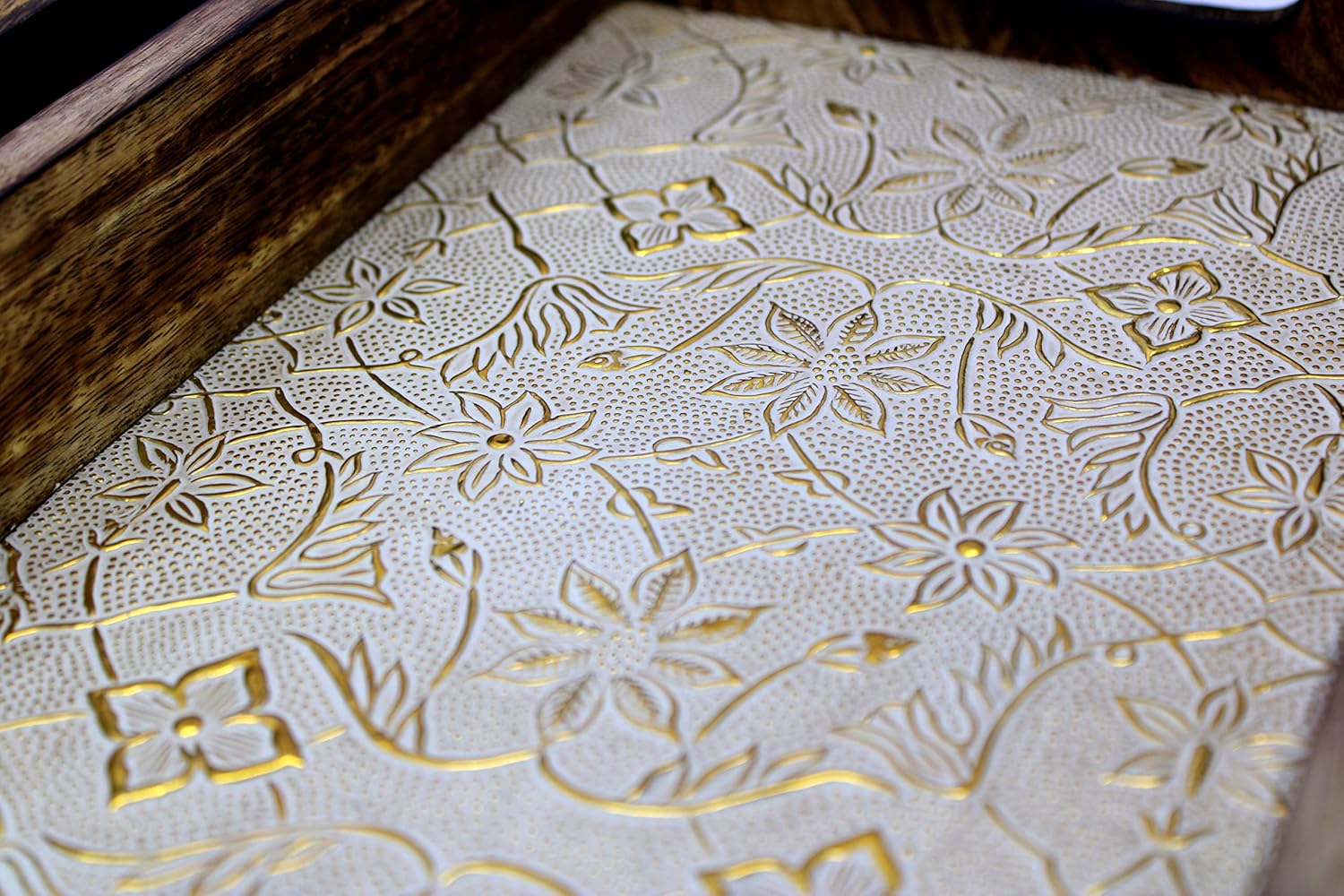 eSplanade KLEO Wooden Engraved Serving Tray - Set of 2 - Serveware Tableware - Wood with Foil Work - 14" Inches - Brown