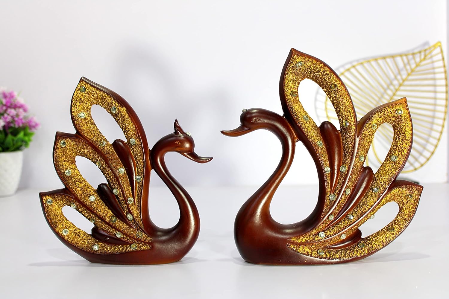 eSplanade Duck/Swan Pair - Set of 2 - Decorative Sculpture Showpiece | Decorative Items - Home Decor | Resin - 8.5" Inches - Brown