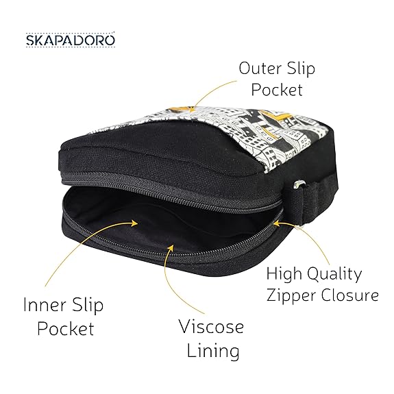 SKAPADORO Canvas Mobile Cross Body Black Sling Bag for Men & Women,100% Cotton, Zip Closure, Pocket, Adjustable Strap, Compact Everyday Bag - City (Black & White)