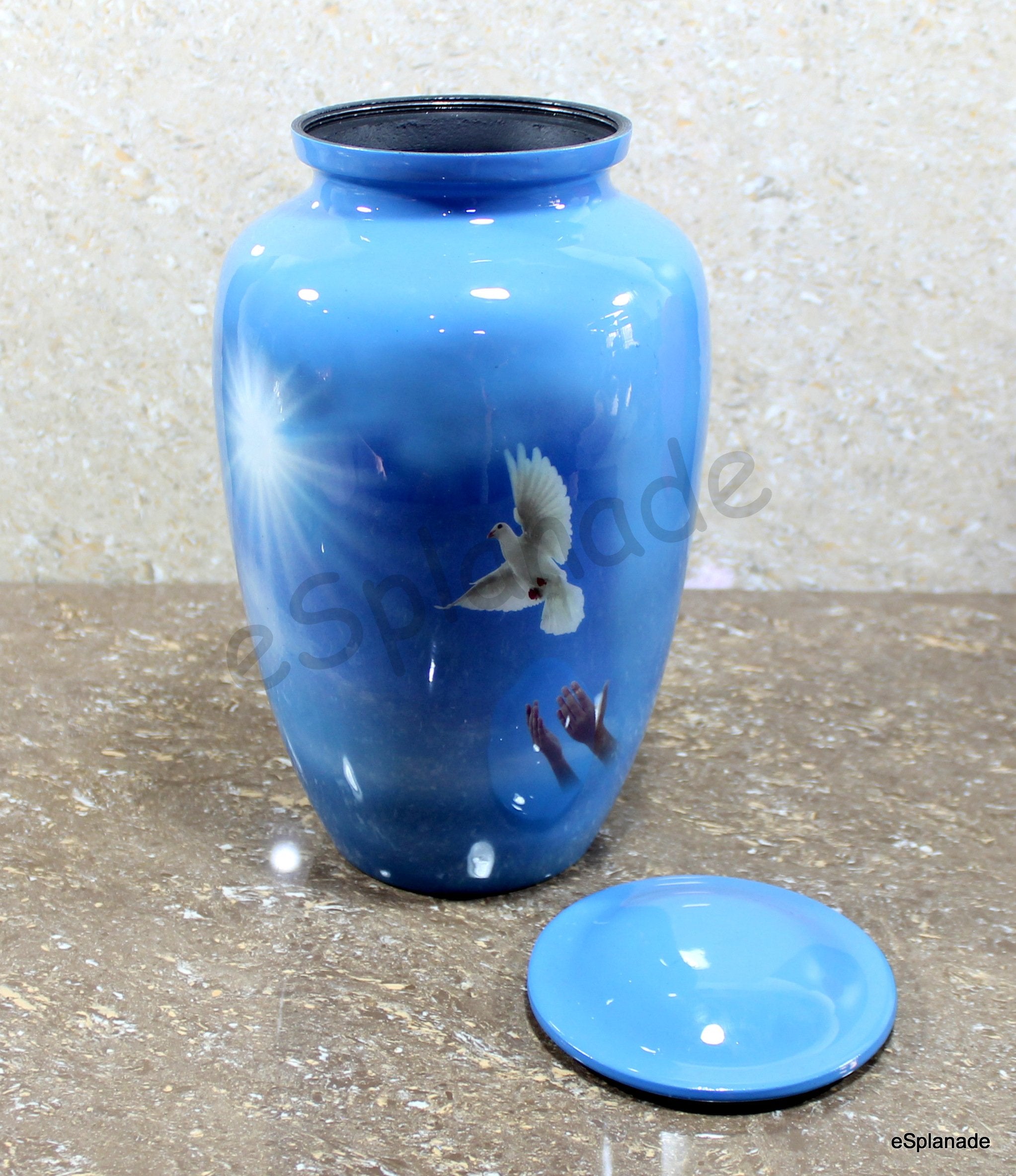 eSplanade Metal Cremation Urn Memorial Jar Pot Container | Full Size Urn for Funeral Ashes Burial | Falcon Printed Urn , Seagull Printed Urn ,White Pigeon Print   | Blue - 10" Inches