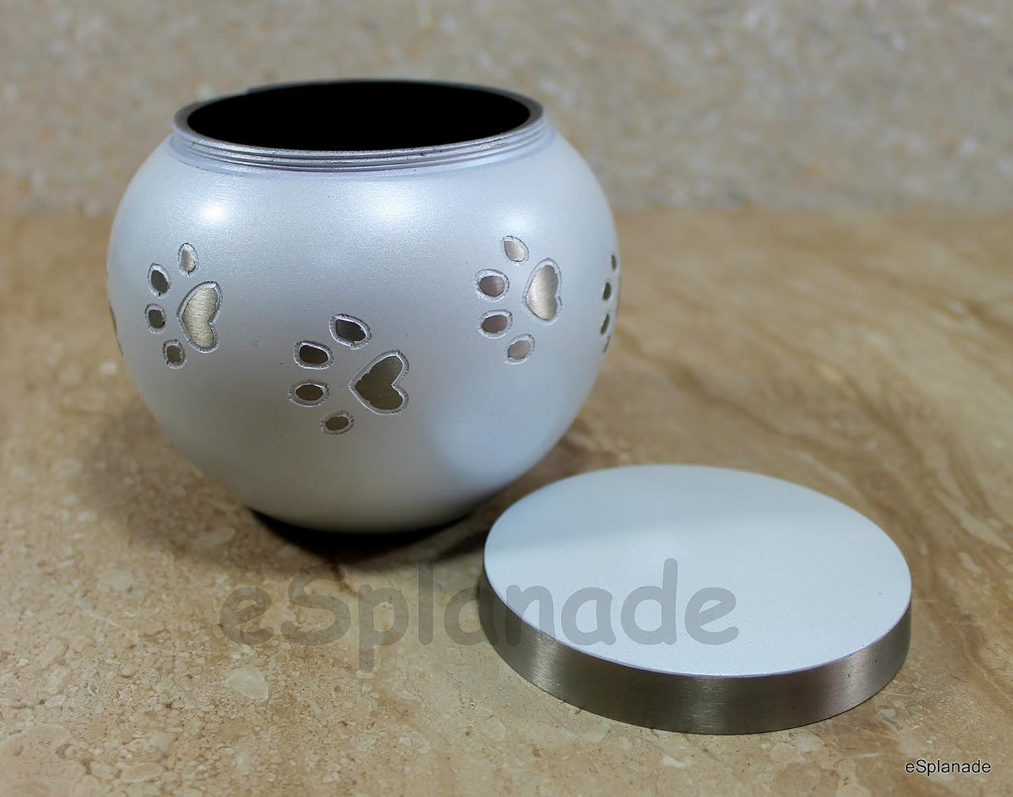 eSplanade Metal Cremation Urn Memorial Jar Pot Container |Standard Size Urn for Funeral Ashes Burial | Round Shape Paws Engraved Metal Urn | White - 4.5" Inches