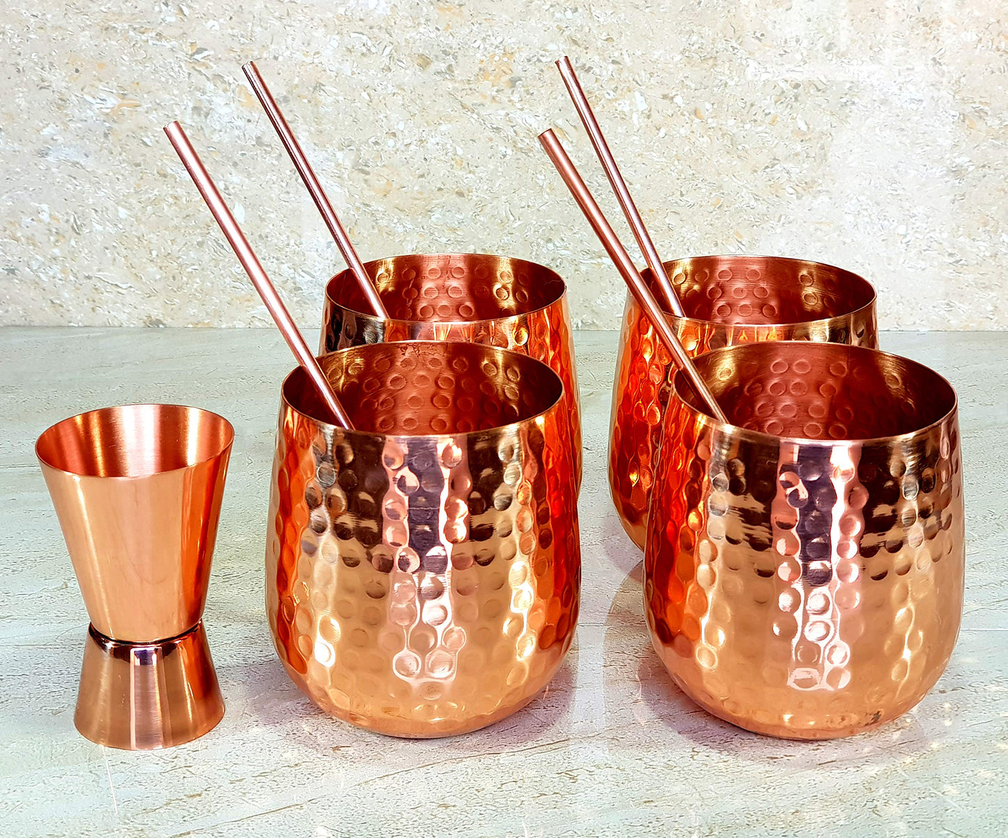 eSplanade Moscow Mule Cocktail Copper Mugs - Set of 4 Mugs, 4 Copper Straws, and a Peg Measurer (HAMMERED BRASS HANDLE)